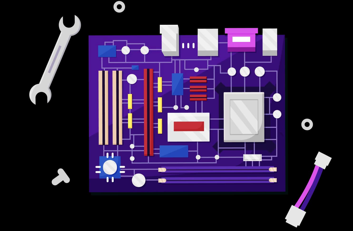 Illustration of circuit board surrounded by tools like a wrench and cables.
