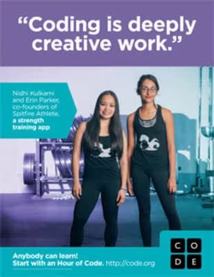 Poster of two girls with a quote "Coding is deeply creative work"